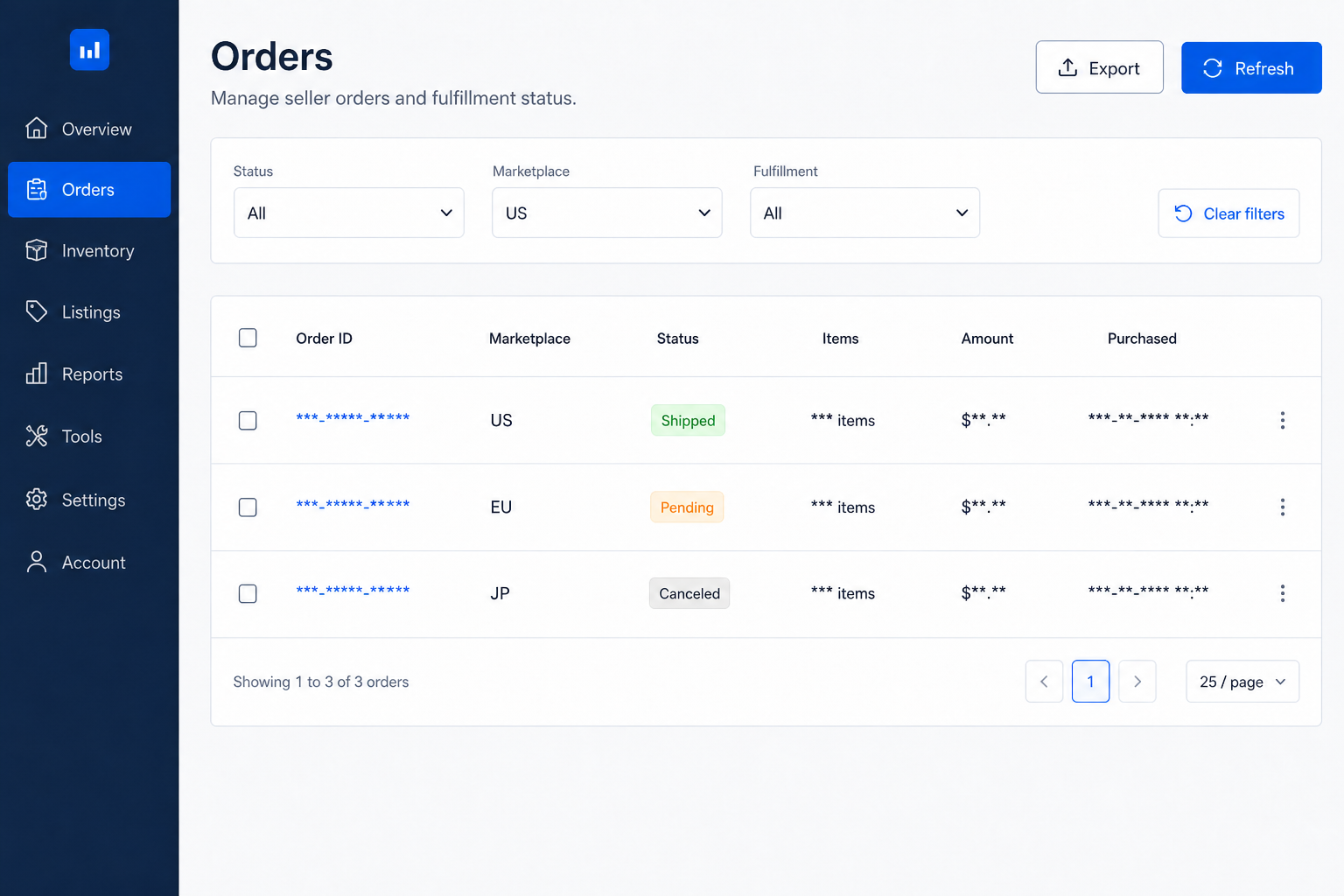 KingKung SP-API orders interface with masked order data